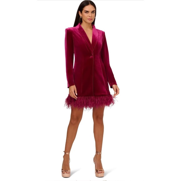 Aidan by Adrianna Papell Magenta Velvet Tuxedo Dress – Feather Hem 💖 - Picture 2 of 14